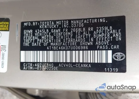 2007 Toyota Camry Le z USA, uszkodzony, nr VIN 4T1BE46K07U006986